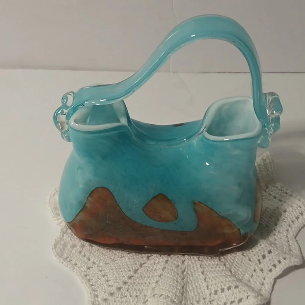 Glass Blue‎ With Gold Bronze Marks Handbag Bag Vase Purse Vintage - Picture 7 of 7